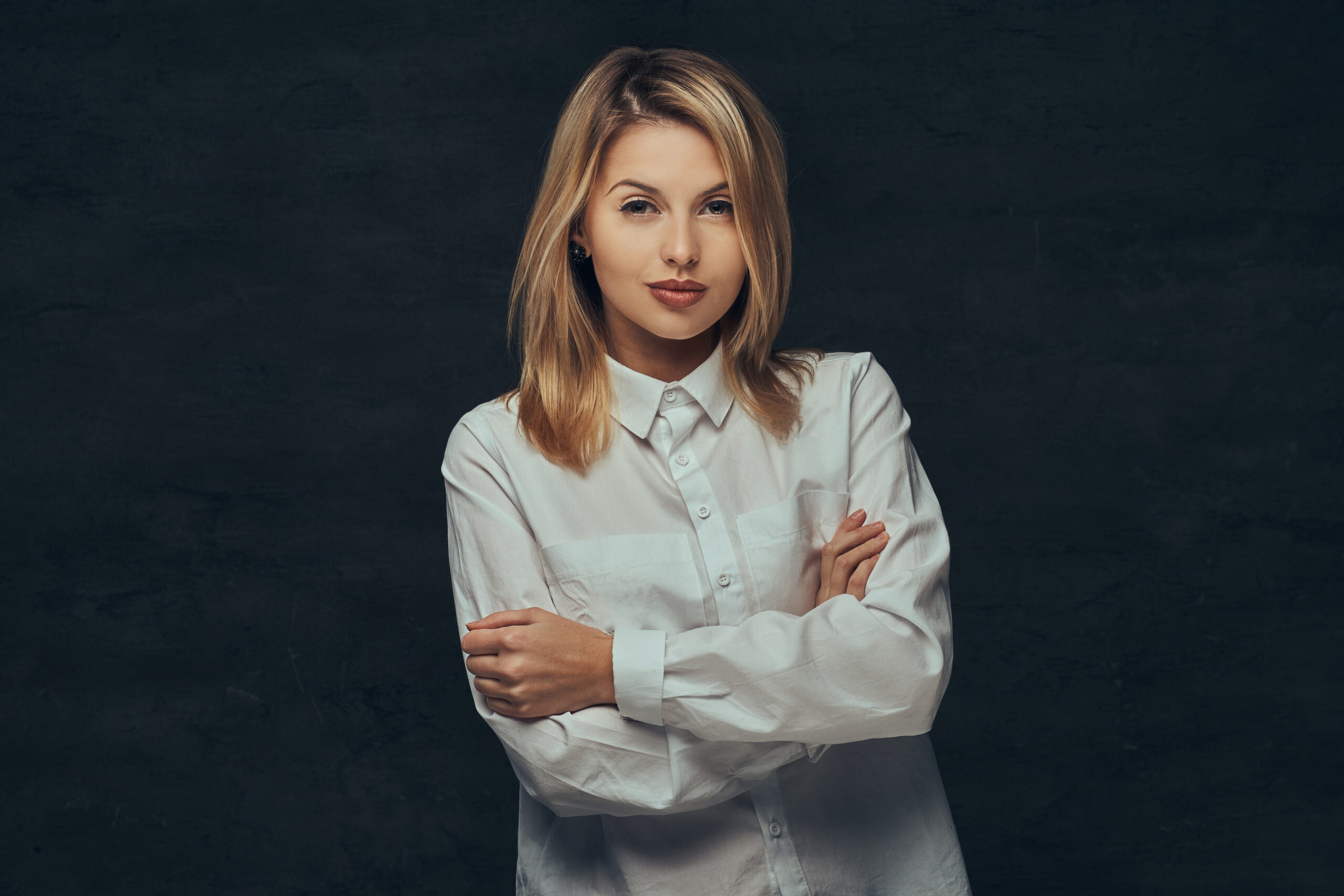 Portrait Sensual Blonde Girl Dressed White Shirt Posing Studio Isolated Dark Background Scaled