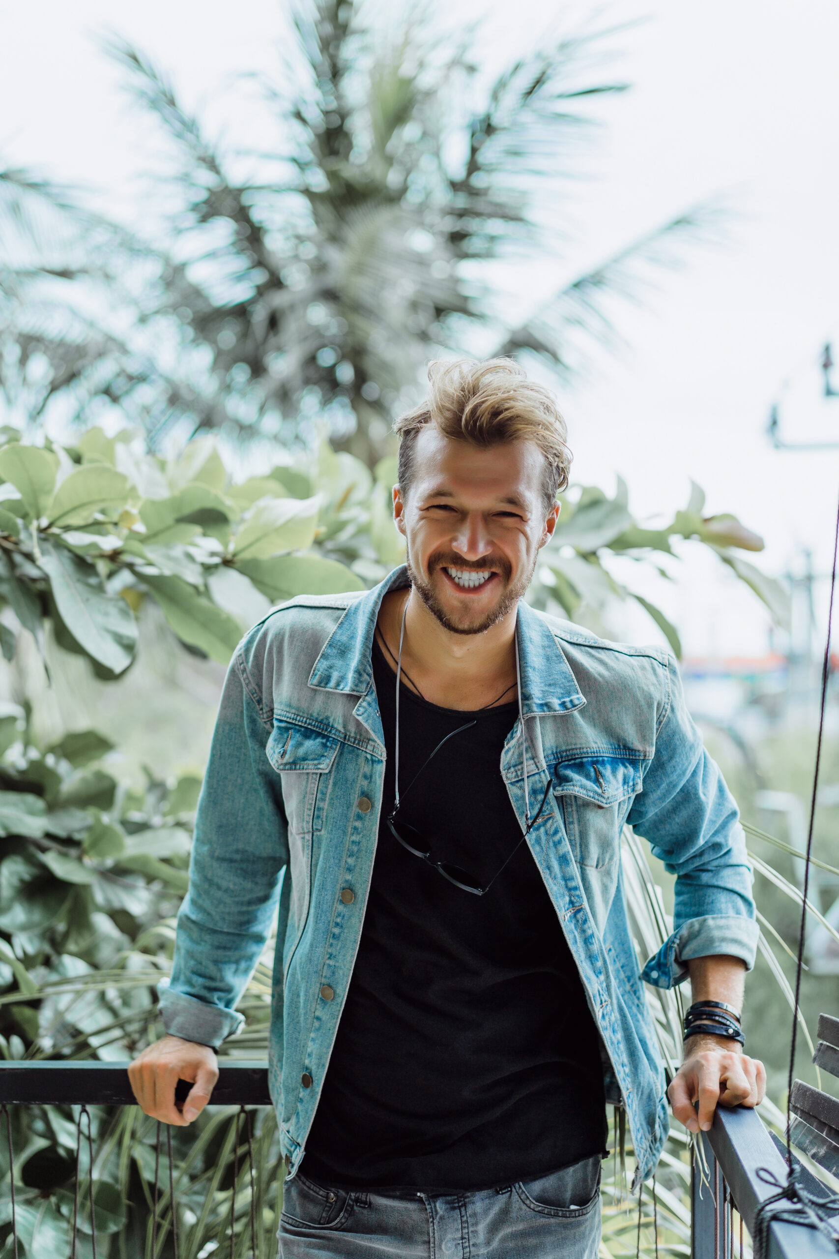 Young Attractive Man Posing Tropical Location Background Palm Trees Greenery Scaled